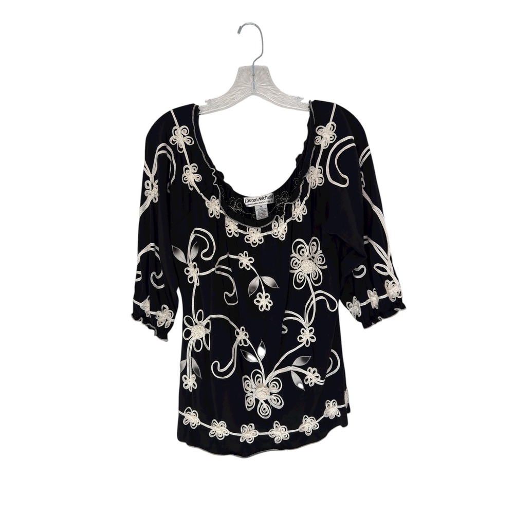 Lauren Michelle Black Floral Applique Off Shoulder 3/4 Sleeve Top M